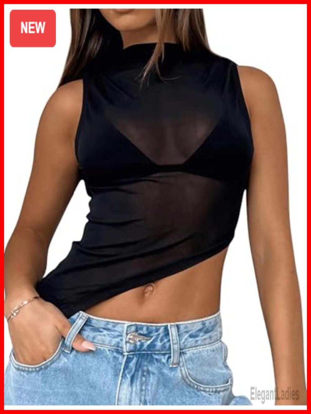Lace Halter Crop Tank Top Sheer Mesh Y2k Sleeveless Mock Neck